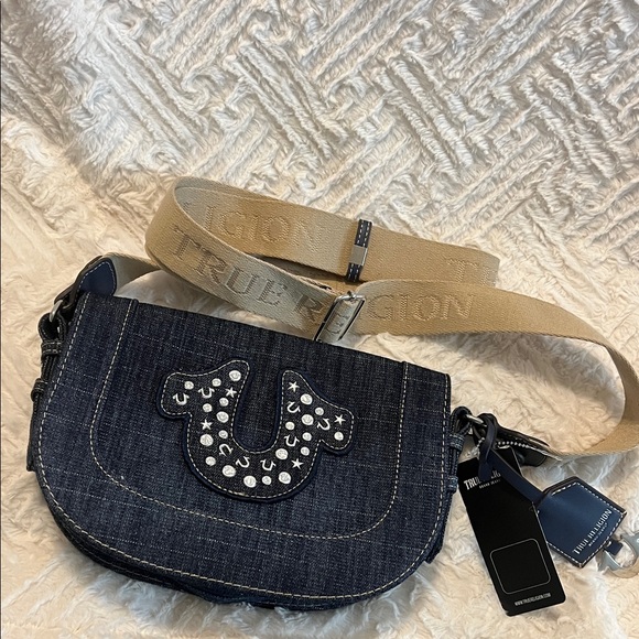 True Religion Handbags - True Religion Denim and Tan Crossbody Bag